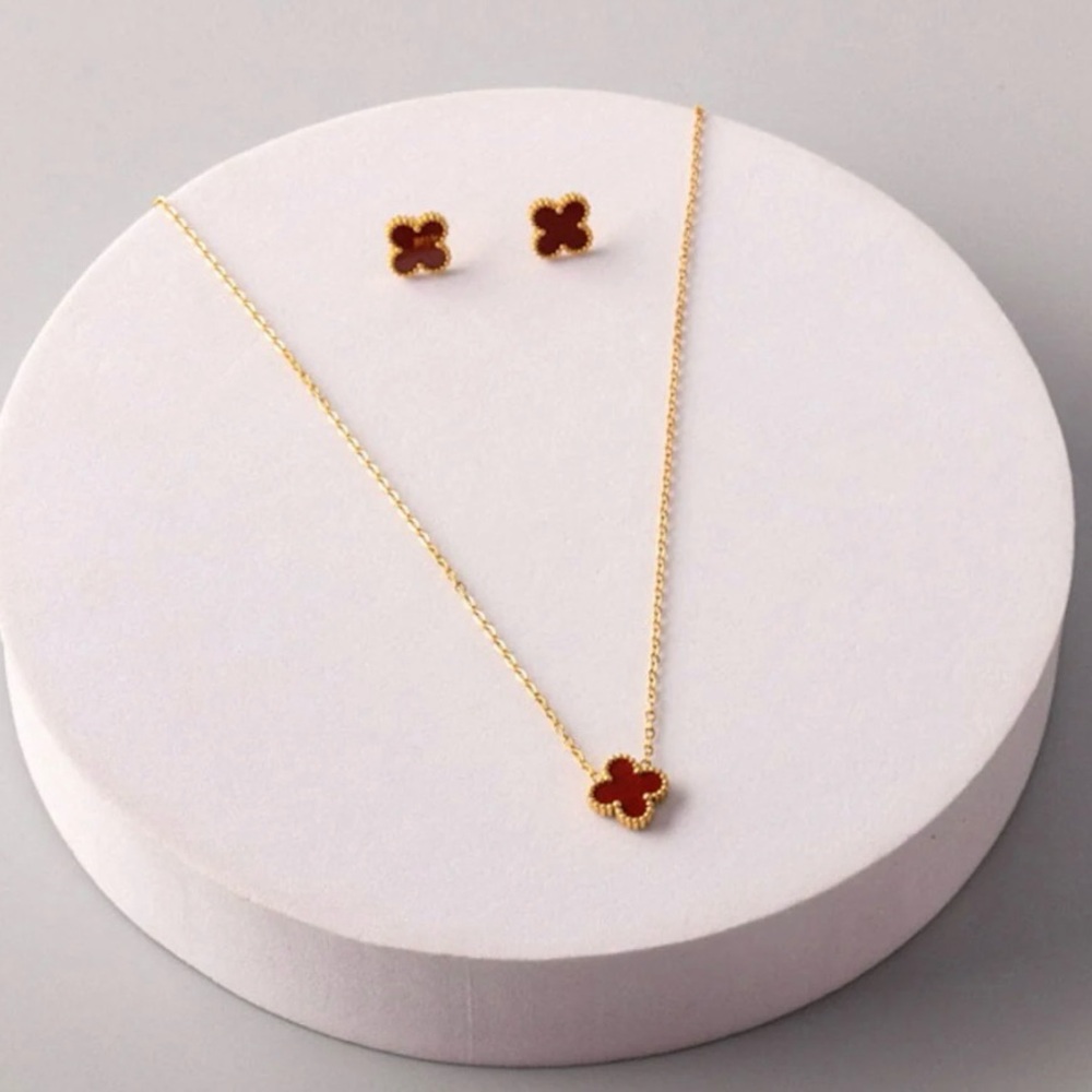 WOMEN'S STAINLESS STEEL GOLD RED EARRINGS & NECKLACE SET